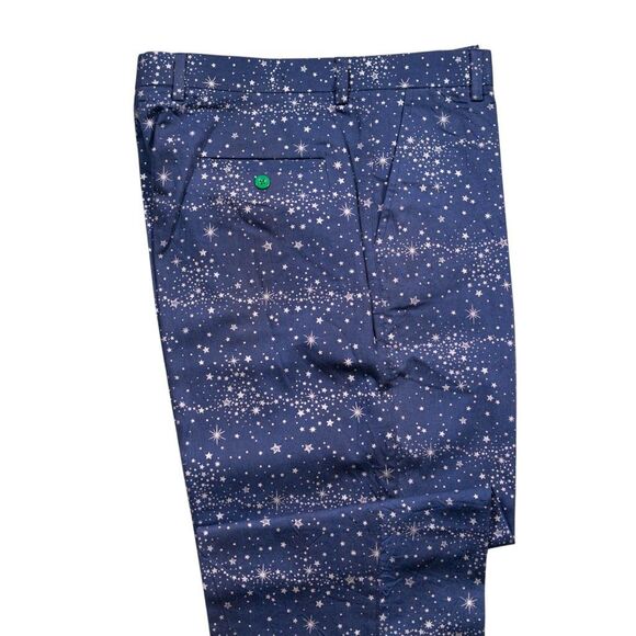 Mens 34 Chino Pants Navy Blue Star Print Straight Fit Flat Front Dress Trousers - Picture 9 of 10